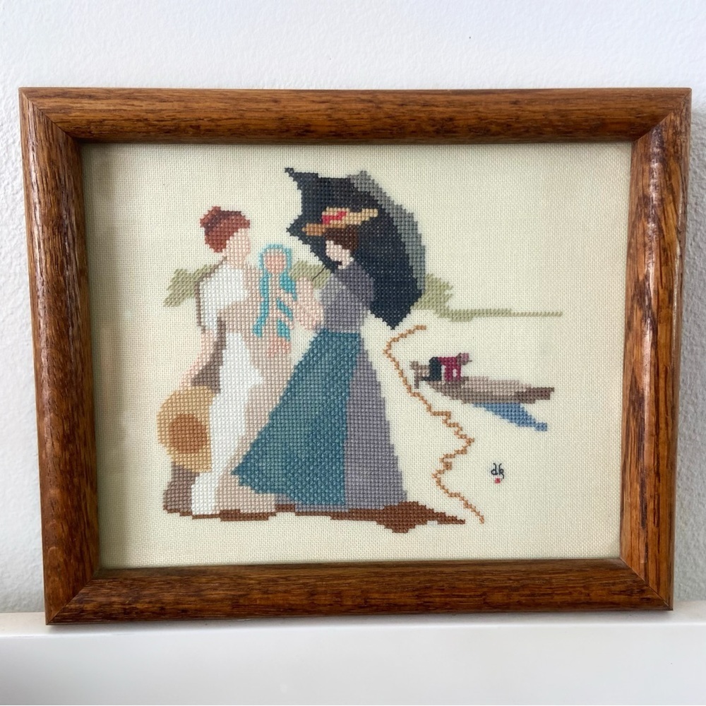 Vintage cross stitch art work in wood frame Victorian women family home decor